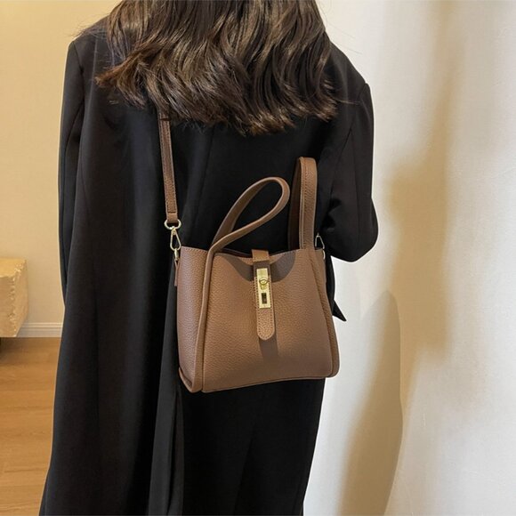 Brown PU Leather Turn Lock Mini Tote - Picture 5 of 6
